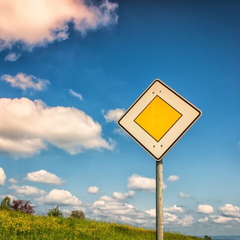 Ein Verkehrsschild, das Vorfahrtsrecht zeigt. Dahinter Blauer Himmel mit Wolken und grüne Wiese.