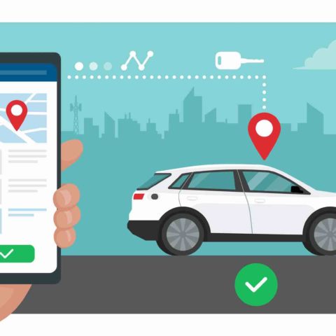 Grafische Darstellung eines Smartphones mit CarSharing App. Im Hintergrund ein weißes Auto mit einem roten Standort Symbol darüber und einem grünen Haken darunter. Dahinter die Silhouette einer Stadt.