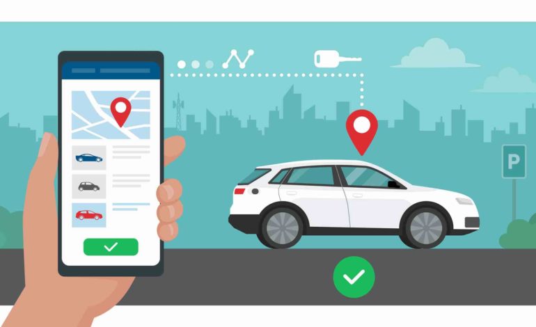 Grafische Darstellung eines Smartphones mit CarSharing App. Im Hintergrund ein weißes Auto mit einem roten Standort Symbol darüber und einem grünen Haken darunter. Dahinter die Silhouette einer Stadt.