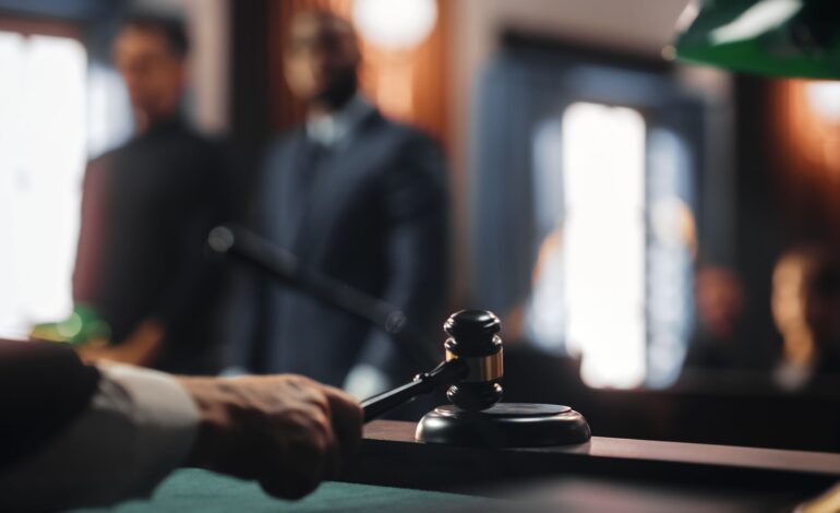 Die Hand eines Richters, der einen Richterhammer auf das Pult schlägt. Dahinter verschwommen zwei Personen, die das Schweigerecht anwenden.