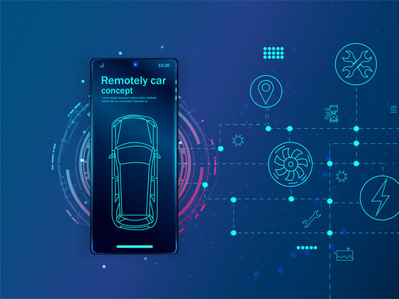 Neuerung 2025: Ein Smartphone, das eine Grafik eines fernsteuerbaren Autos darstellt, daneben weitere technische, grafische Symbole
