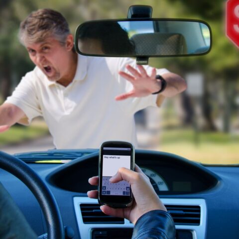 Beweislast muss geklärt werden: Eine Person am Steuer mit Smartphone in der Hand, vor dem Auto ein Fußgänger mit erhobenen Händen und ein Stoppschild. Es passiert ein Fußgängerunfall.