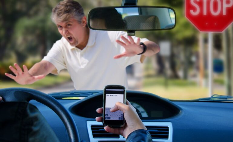 Beweislast muss geklärt werden: Eine Person am Steuer mit Smartphone in der Hand, vor dem Auto ein Fußgänger mit erhobenen Händen und ein Stoppschild. Es passiert ein Fußgängerunfall.